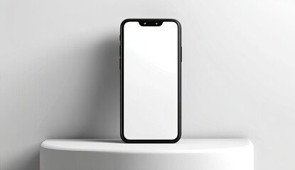 Black smartphone on a white pedestal.  A minimalist, studio shot of a modern cell phone with a blank screen, displayed on a simple white platform against a plain white background.  