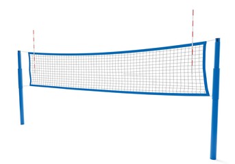Blue volleyball net with red and white antenna markers on posts for official indoor court tournament play and competition