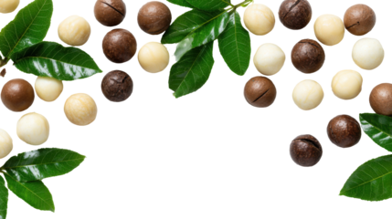 Shelled and unshelled macadamia nuts with leaves isolated on a white background with copy space for your text. Top view. Flat lay pattern isolated on a white background