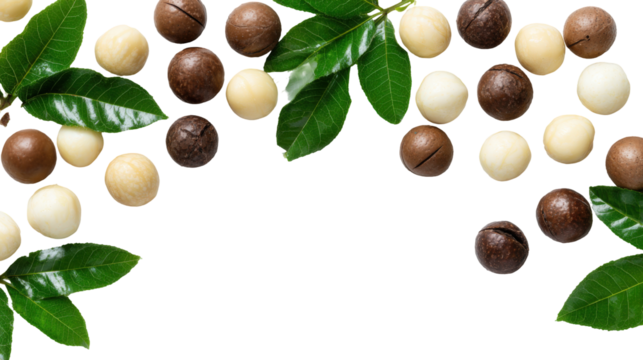 Shelled and unshelled macadamia nuts with leaves isolated on a white background with copy space for your text. Top view. Flat lay pattern isolated on a white background