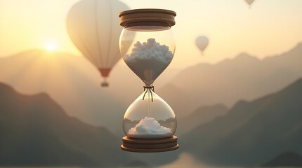 Hot air balloon carrying a transparent hourglass with clouds as sand