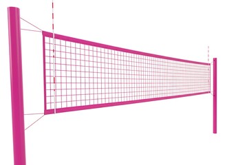 Top view of pink beach volleyball net showing center court line with antenna markers and cylindrical posts on white