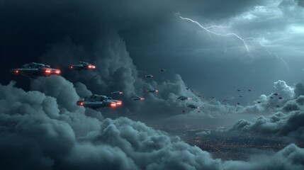 Futuristic battlefield with swarm of spacecraft in stormy sky ideal for sci-fi design projects and digital art