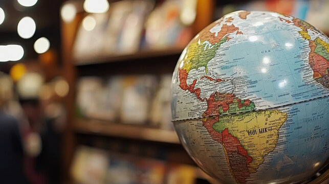 An illuminated globe stands prominently in focus. The background shows a blurry yet warm bookstore ambiance. - Powered by Adobe