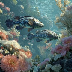 Obraz premium Underwater Scene with Colorful Coral and Two Tropical Fish Swimming