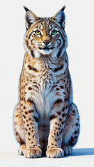 Fototapeta premium Realistic illustration of a lynx sitting calmly, thick fur texture and ear tufts highlighted on white