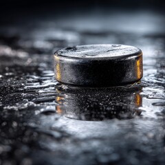 Close-Up of a Hockey Puck on Wet Surface with Reflections
