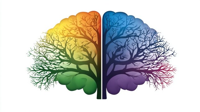 Colorful representation of neurodiversity spectrum in brain tree artwork