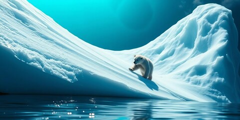 A playful polar bear cub slides down a glistening iceberg slope,  snow, polar bear cub