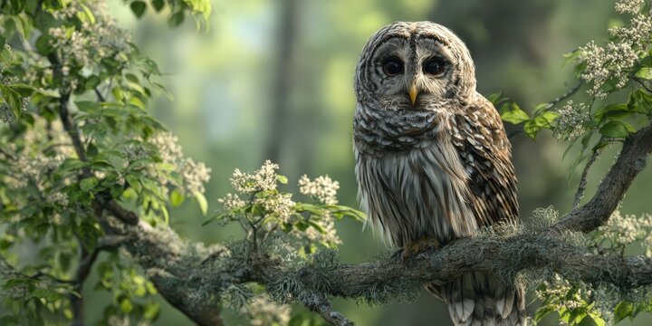 Barred Owl Perched on Tree Branch in Forest During Spring Day