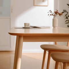 Modern Minimalist Dining Room with Wooden Table and Cozy Decor Elements