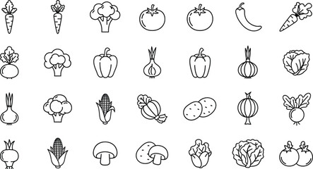 Collection of vegetable outline icons including carrots broccoli tomatoes and various other vegetables