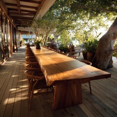 Fototapeta premium Elegant Wooden Dining Area Surrounded by Lush Greenery and Sunlight