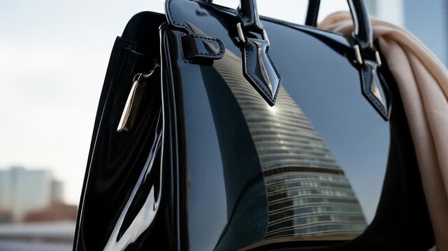 Elegant Black Patent Leather Handbag Reflecting Modern Cityscape Fashion Statement