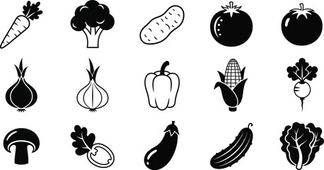 Collection of black and white vegetable icons including carrot broccoli and tomato on a white background