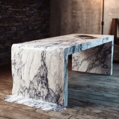 Elegant Marble Table on Rustic Wooden Floor in Modern Interior Space