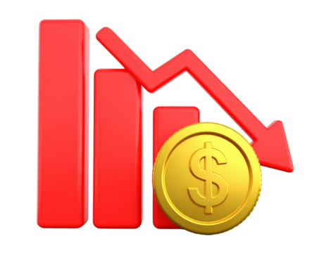  3D Bar Graph with Gold Dollar Coin Showing Financial Decline isolated on transparent background PNG
