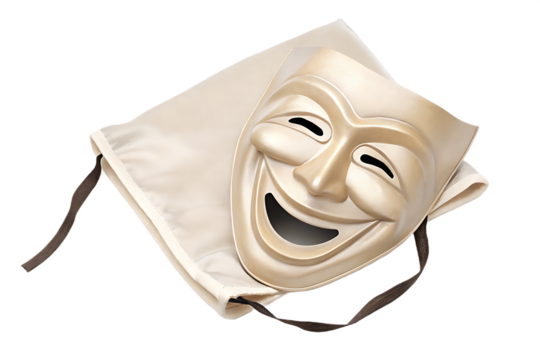 Smiling golden mask on fabric isolated on a transparent background