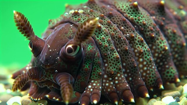 Macro shot of a distinctive brown and green marine invertebrate with segmented, textured body and prominent antennae on gravel.