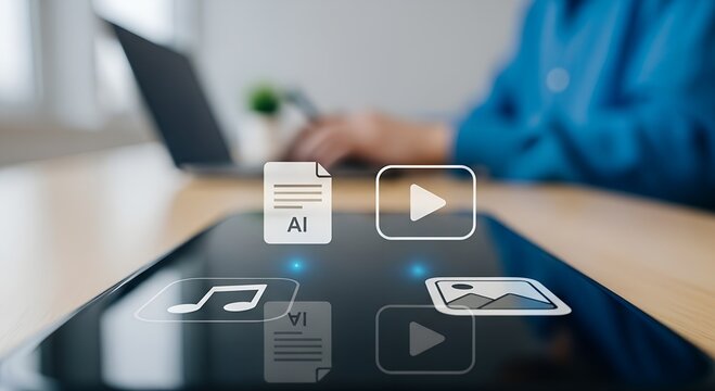 Person using smartphone with digital media icons and laptop in background - Powered by Adobe