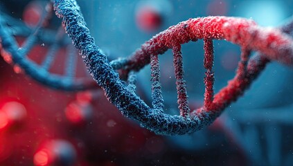 Close-up of a DNA double helix, textured with blue and red hues, surrounded by out-of-focus cellular elements