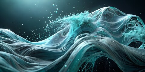 Abstract turquoise waves with water droplets against a dark teal background image design art abstract background. 3d render