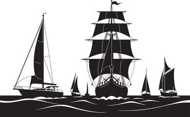 Silhouette of Various Sailing Vessels on the Open Water with Detailed Rigging and Wave Patterns Evoking a Sense of Maritime History