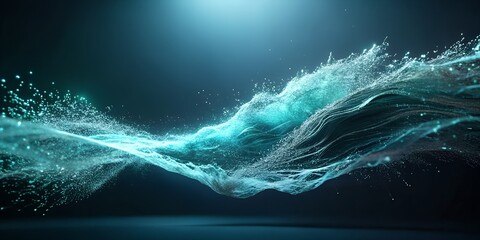 Flowing turquoise liquid with sparkling particles against a dark background art design abstract background. 3d render