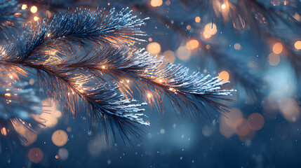 Fototapeta premium Christmas tree blurried bokeh lights. Christmas tree with lights. Christmas background with fir tree. Christmas tree in the snow. Golden blurry lights evergreen Christmas tree season. 