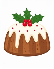 Festive Christmas Pudding Topped with Holly and Red Berries on White Background