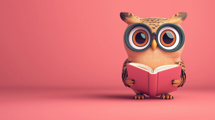 Obraz premium Cute owl reading a book against a pink background