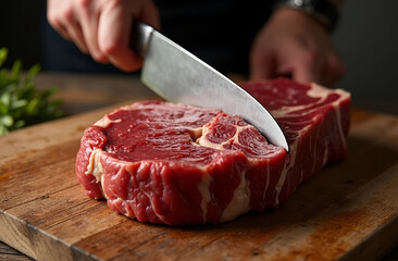 A man cuts a steak on a wooden board