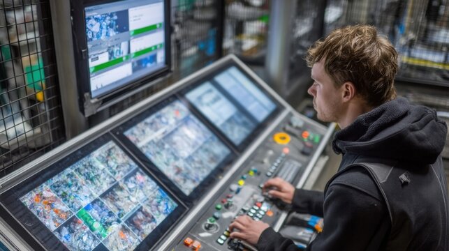An operator interfaces with a digital control panel of a sorting system with screens displaying realtime analytics of material flow and sorting efficiency while the sorter processes - Powered by Adobe