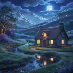Fototapeta premium Enchanting Mountain Cottage Under a Full Moon