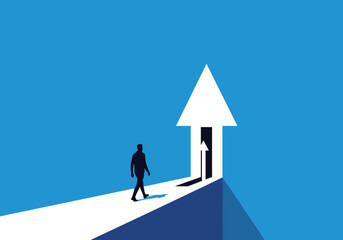 Obraz premium Man walking towards open door shaped like arrow symbolizing future growth opportunity and success