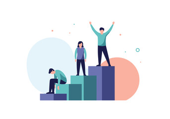 Illustration showing the concept of success and failure in a competitive environment with people on stairs