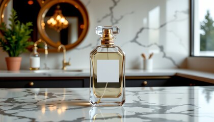 A small bottle placed on a marble countertop in a room with a modern interior design