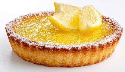 Lemon tart, topped with lemon slices and powdered sugar