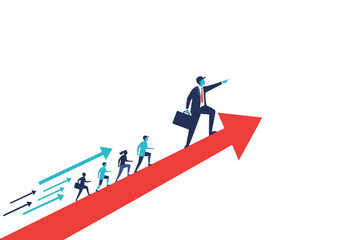 Fototapeta premium Team members following their leader upward on a growing red arrow representing career progression and business success