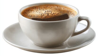 Fototapeta premium A full cup of rich, dark coffee in a simple white ceramic mug, sitting on a saucer