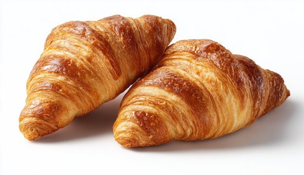 Two golden-brown croissants, layered with intricate patterns, sit on a plain white background. A close-up view highlights the flaky texture and warm tones