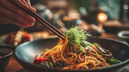 Vibrant Chinese noodle dish served with chopsticks