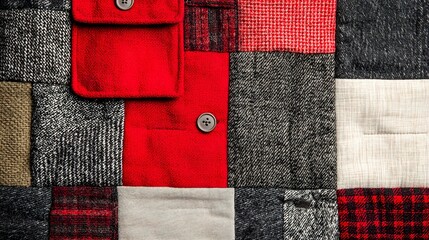 Detail shot: Fabric contrasting textures on a mixed-material jacket, isolated on a pure white background, modern, unique,