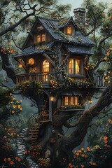 Obraz premium Fairytale wooden treehouse nestled among tall trees high resolution picture