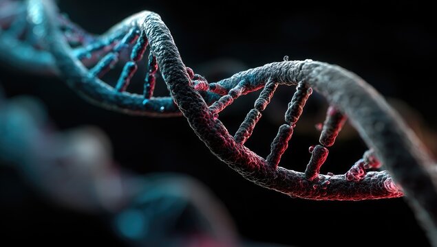 Detailed close-up of a DNA double helix, exhibiting a complex, twisting structure with colored, granular elements