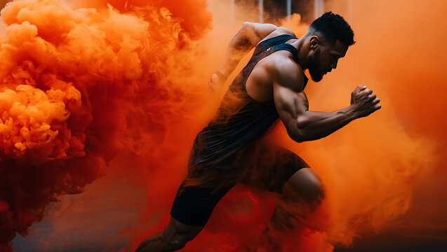 Muscular man running through vibrant orange smoke during an intense fitness workout