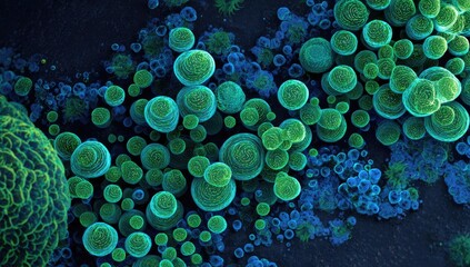 Abstract, vibrant microscopic organisms, swirling, layered, in turquoise and teal colors, against a dark background