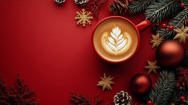 A cozy holiday scene featuring a beautifully crafted latte art coffee in a vibrant red cup, surrounded by festive decorations and greenery perfect for winter storytelling. - Powered by Adobe