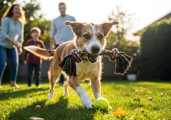 Playful Rescue Dog with Toy in Adoptive Family’s Backyard