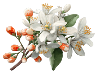 Detailed illustration of a flowering branch with white blossoms and orange buds.  A cluster of vibrant white flowers, with delicate, detailed petals and visible stamens, is centrally positioned.  